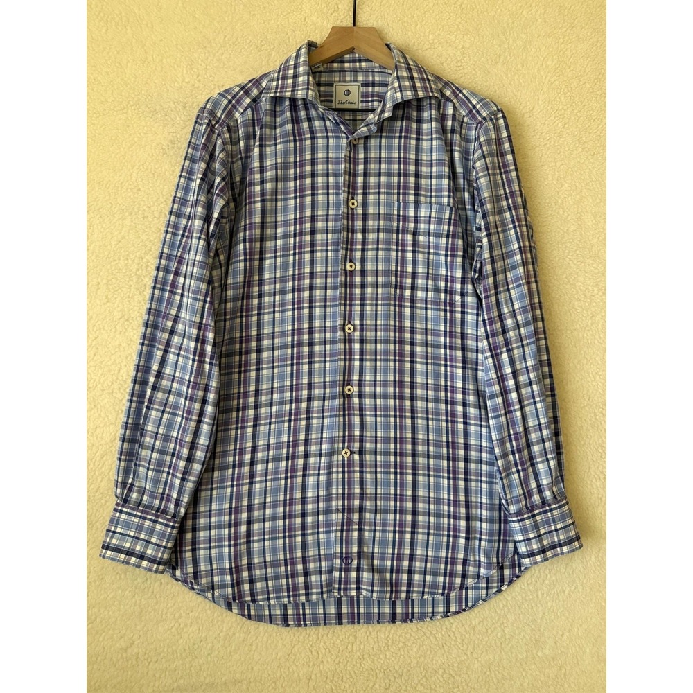David Donahue Shirt Mens Large Blue Plaid Long Sleeve Button Up Cotton Casual